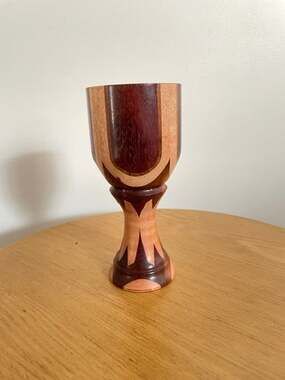 Vintage Segmented Wood Goblet Inlaid Star Chalice Turned Lathe Folk Art Rustic